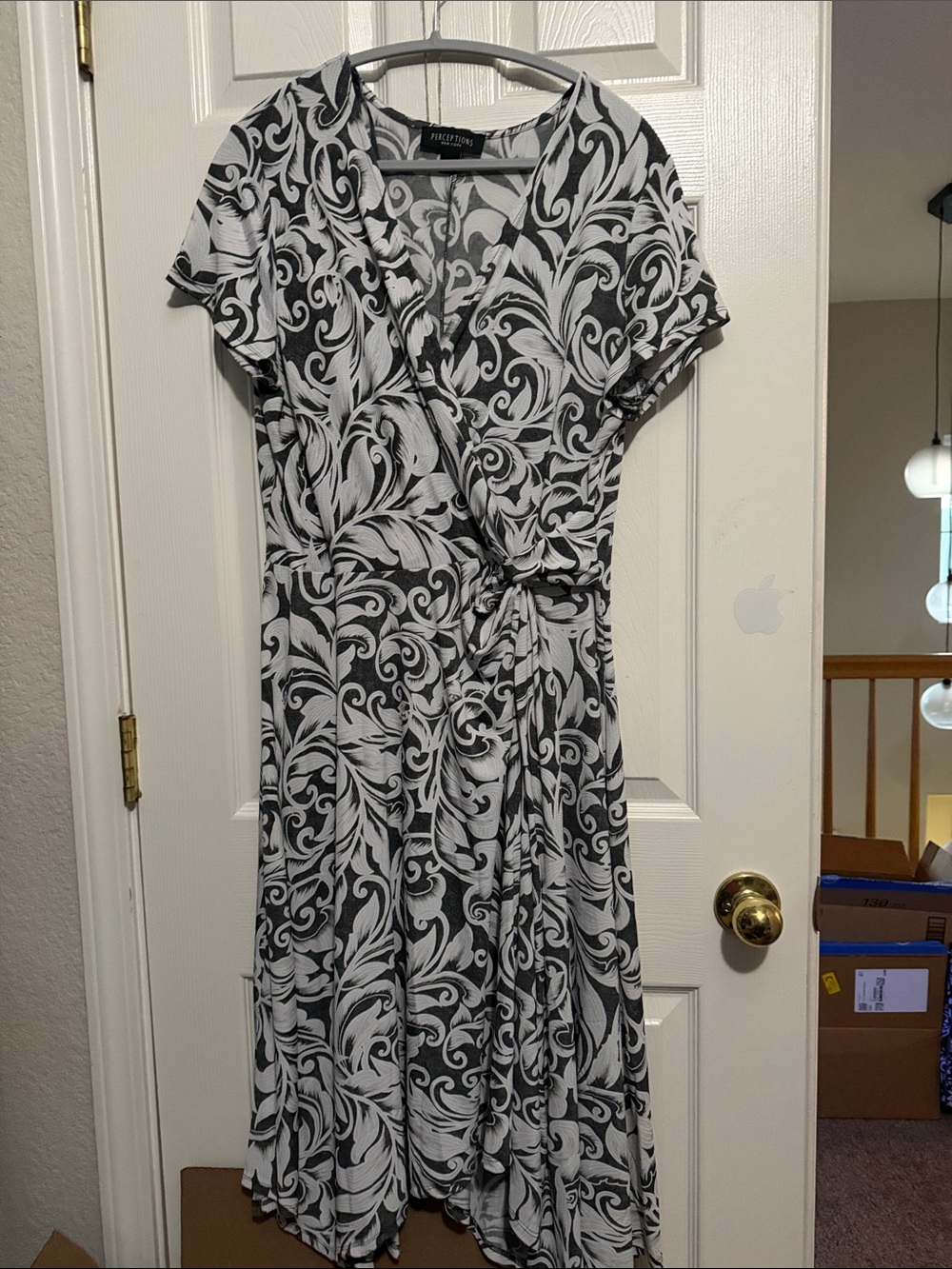 Perceptions Black & White Scroll-Print Midi Wrap Dress